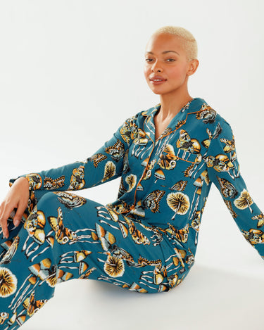 Black Mystical Mushroom Button Up Long Pyjama Set